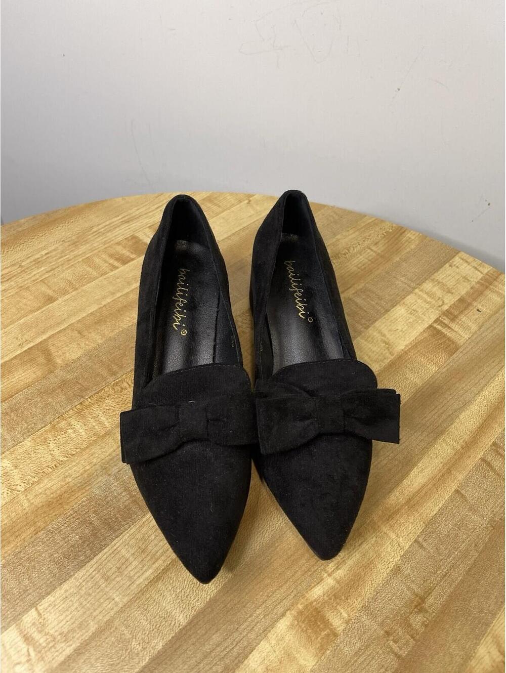 Bailifeibi Women Size 38 (8) Black Suede Bow Block Heel Pointed Toe Shoes